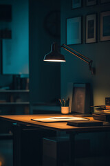Desk with Lamp Papers and Books in a Dark Room