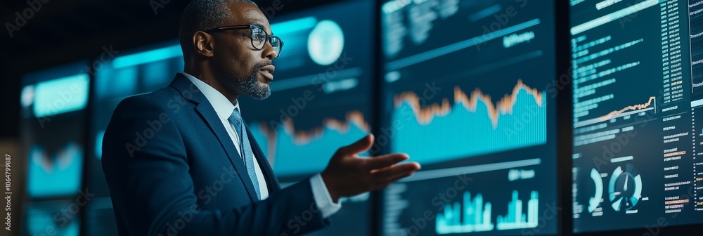 Poster a man in a suit is standing in front of a large screen displaying financial data. he is giving a pre