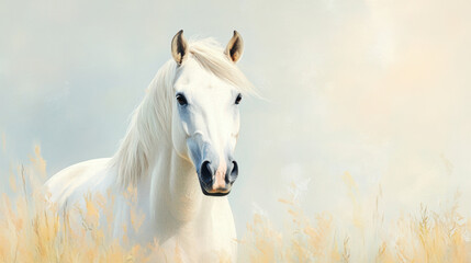 Majestic white horse in a serene landscape with soft pastel hues