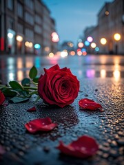 closeup of discarded red roses on wet asphalt road with colorful unfocused lights on a background, night view