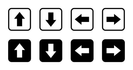 Up, down, left, and right arrow icon set on black square. Upward, downward, leftward, and rightward sign symbol