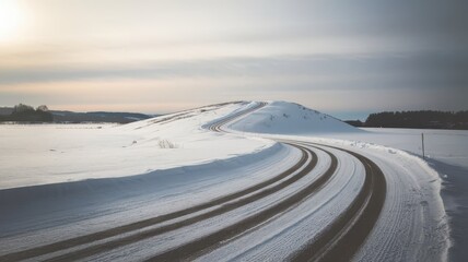 Fototapeta premium Snow fall on the road isolated background. Winter snowy flake snow falling on the road with trees. Snowflake winter season isolated road path way background