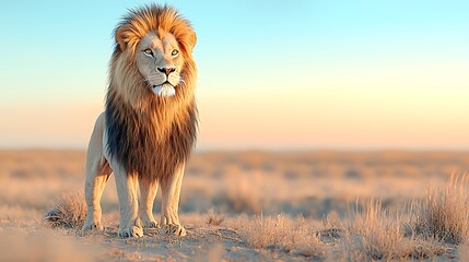 Majestic lion stands proudly in the golden savanna at dawn showcasing nature's splendor