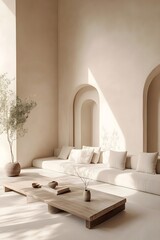 A spacious living room with neutral-toned furniture, a sleek coffee table, and minimalist decor. Soft natural light fills the space, accentuating a large sofa and a few plants. 