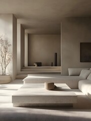 A spacious living room with neutral-toned furniture, a sleek coffee table, and minimalist decor. Soft natural light fills the space, accentuating a large sofa and a few plants. 