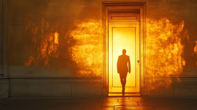 Farewell in the Golden Glow - Symbolic Image of Parting Ways with Figure Walking Away as Door Closes Behind