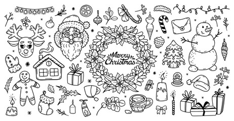 Merry Christmas doodle set. Festive outline Holiday Illustrations Featuring Santa, Snowman, Gifts, Trees and More. Hand Drawn new year collection. Winter design doodle elements in line art style.