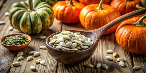 Spoon and bowl filled with white and green pumpkin seeds set against a pumpkin backdrop, perfect for healthy snacking and inspiring creative cooking ideas.