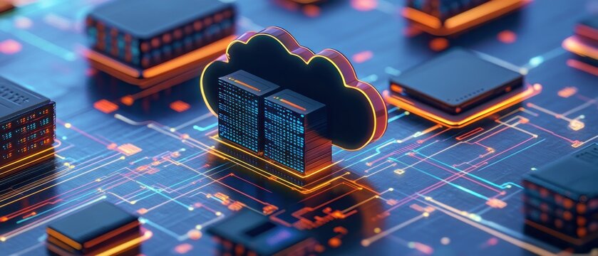 A digital representation of cloud computing with servers on a circuit board. - Powered by Adobe