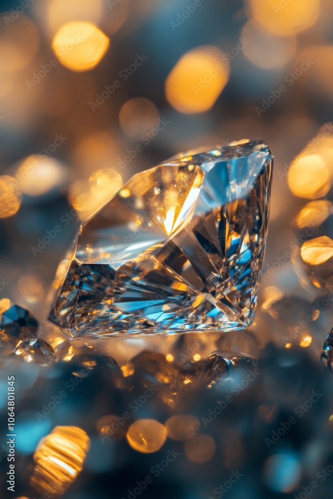 Poster a clear diamond rests beautifully, capturing and reflecting warm light from surrounding sparkling cr