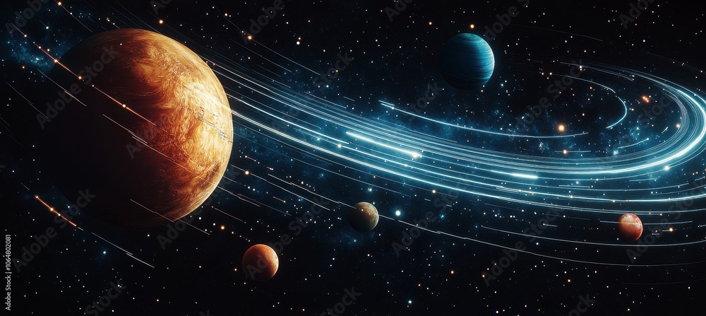 Wall mural planetary space solar system with planet orbit rotation. generative ai technology.