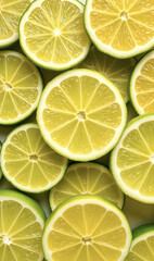 Fresh juicy green lime slices. Texture of sliced ​​citrus fruits. Lime slice patterns. Bright summer style. Flat lay, top view.