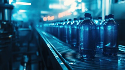Bottled water on a conveyor belt in a production facility, illuminated with blue lighting.