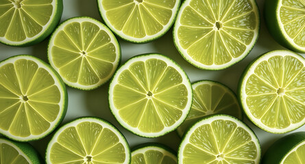 Fresh juicy green lime slices. Texture of sliced ​​citrus fruits. Lime slice patterns. Bright summer style. Flat lay, top view.