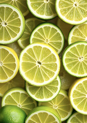 Fototapeta premium Fresh juicy green lime slices. Texture of sliced ​​citrus fruits. Lime slice patterns. Bright summer style. Flat lay, top view.