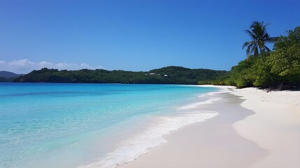 A stunning tropical beach with crystal-clear turquoise water, white sand, and gently swaying palm trees, under a clear blue sky.