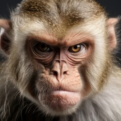 Obraz premium Monkey showing irritation with wide eyes and a growl on a simple beige background