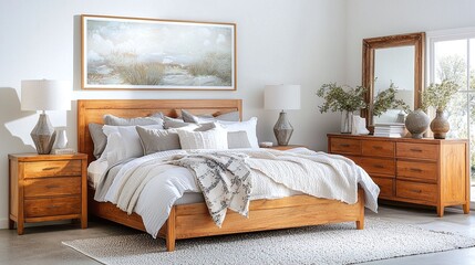 Fototapeta premium Scandinavian-style bedroom with a large frame above a wooden headboard, soft bedding, and warm, natural lighting