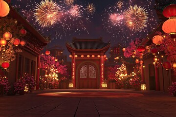Fototapeta premium Chinese-style architecture, a red festive background with fireworks blooming in the sky, surrounded by lanterns and flowers. There is an empty circular stage on both sides of it. with generative ai