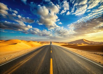 Naklejka premium Vast desert road stretches through golden sand dunes, offering a serene journey. Open skies invite reflection, creating a perfect canvas for your thoughts and messages.