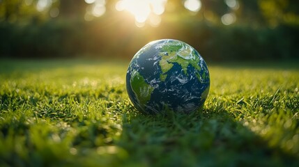 a Ball Earth with Sunlight and Lush Grass, Embracing Eco-Friendly Theme