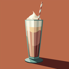 Chocolate milkshake in a tall glass with a cap of whipped cream. Vector illustration. Sweet cold treat