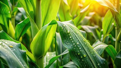 Vibrant close-up of a lush green corn plant, capturing intricate details of the leaves and stalk, perfect for showcasing agricultural beauty in nature photography.