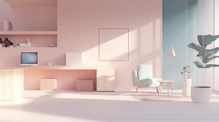 Minimalist Pastel Office Space with Modern Furniture and Natural Light, Ideal for Home Office Inspiration, Workspace Decor, and Relaxing Ambiance