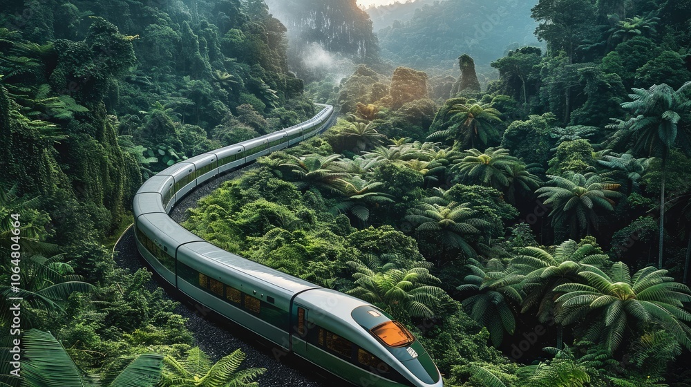 Poster a futuristic high-speed train traveling through a lush, dense forest with an expansive view of green
