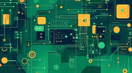 Fototapeta premium Futuristic circuitry and circles abstractly depict communication. A vibrant green backdrop showcases diverse technological components in this high-tech illustration. 