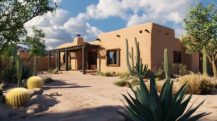 Fototapeta premium A traditional adobe house in the New Mexico desert, with flat roofs, thick clay walls, and wooden vigas. The yard has cacti and desert landscaping