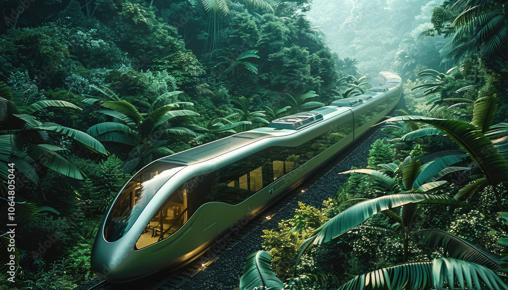 Poster a futuristic high-speed train traveling through a lush, dense forest with an expansive view of green
