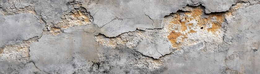 Obraz premium Weathered Gray and Yellow Concrete Wall with Cracks and Flakes