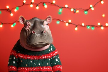 Funny Hippopotamus Wearing Christmas Sweater with Lights