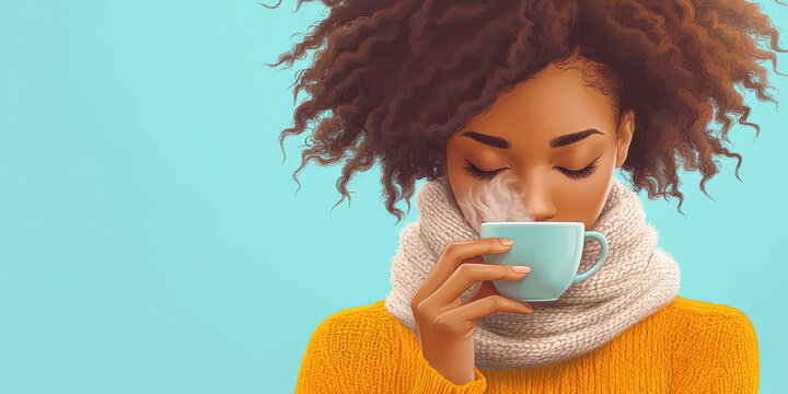 Hospital house day. An African-American woman has runny nose and cold. cough. Close-up of beautiful young woman with cold or flu-like illness. Portrait of an unhealthy girl drinking tea. Illustration - Powered by Adobe