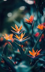 Vibrant orange bird of paradise flowers blooming in lush green foliage.