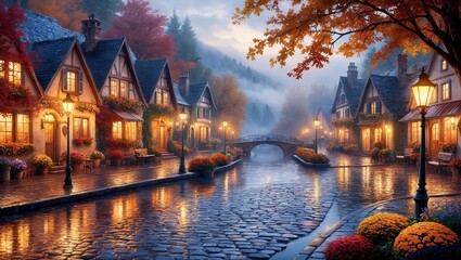 Picturesque little village in autumn season with warm lights of lamp