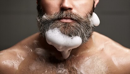 Naklejka premium A man with soap on his beard right before shaving
