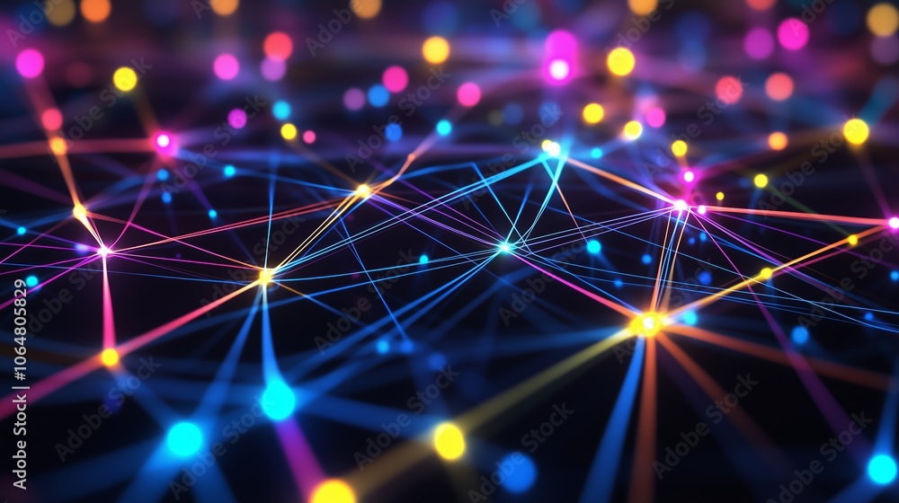 Poster colorful light trails and glowing dots create a dynamic visual representation of digital connections