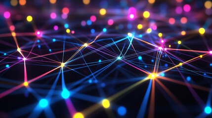 Fototapeta premium Colorful light trails and glowing dots create a dynamic visual representation of digital connections and networks at night