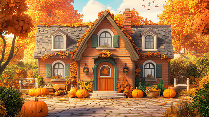 Obraz premium A cozy guesthouse in the countryside, adorned with Thanksgiving pumpkins and autumn leaves.