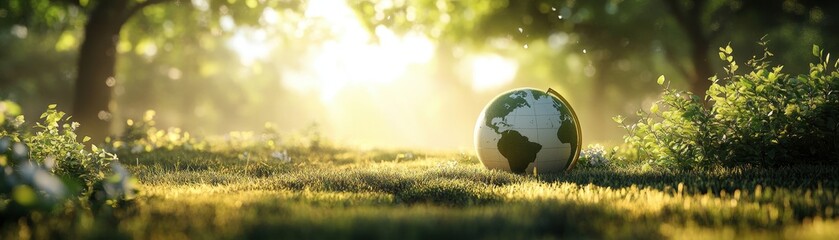 Eco-Friendly Concept with Globe on Lush Green Grass in Sunlit Forest Environment Highlighting Sustainability and Nature Conservation