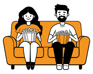 Girl and Boy Sitting on a Sofa Eating Popcorn, Fun Representation of Friendship and Relaxation in a Minimalist Style - Flat Vector Illustration