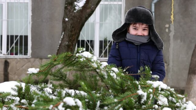 boy in trooper winter ear flap hat or santa claus cap having fun outside,sitting on natural fir tree.kid child with foil tinsel on neck, as scarf is holding a gift box with red ribbon.
