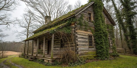 The exterior of the cabin appears weathered and worn as if forgotten by time with moss-covered wooden planks and vines snaking up its sides, shadows, darkness, woods, mysterious
