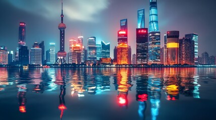 A vibrant city skyline at night, with skyscrapers illuminated by neon lights and reflections in a nearby river, creating a futuristic atmosphere