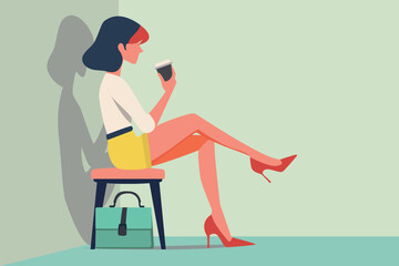 relax advertisement concept. single calm confident woman sitting alone, drinking coffee. trendy lifestyle. pastel colours background  