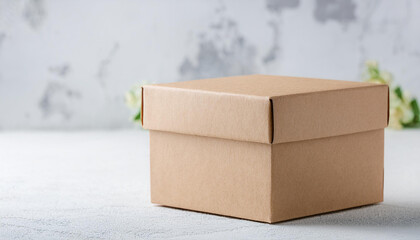 Mock-up of cardboard box over white cement background. Packaging for delivery. Eco package.
