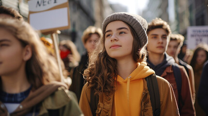 School pupil stands defiantly on the street, holding a sign during a strike for change. The image portrays activism, youth empowerment, and the fight for a better future