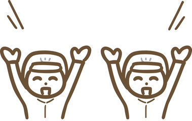 メッセージを伝える万歳ポーズの食品工場のスタッフ